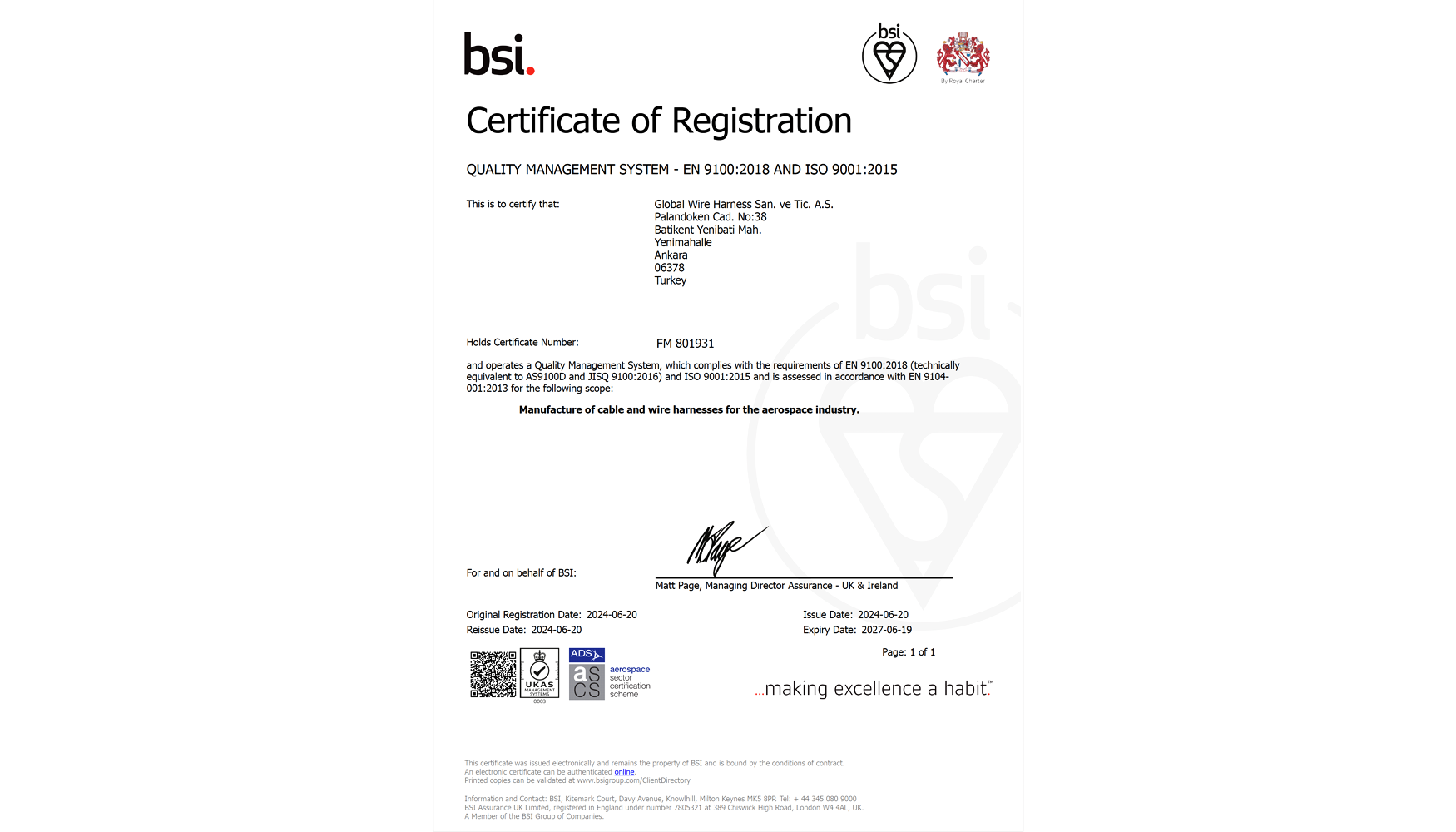 Global Wire Harness Receives AS9100 Certification
